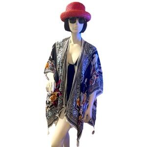 Nine West Beach Floral Kimono with Tassels Coverup, NWT One Size
